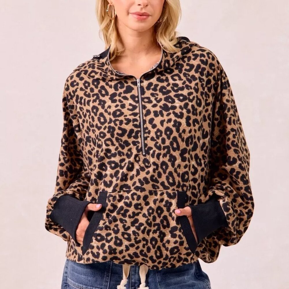 BiBi Leopard Print Waffle Half Zip Up Hoodie W‎ Pocket